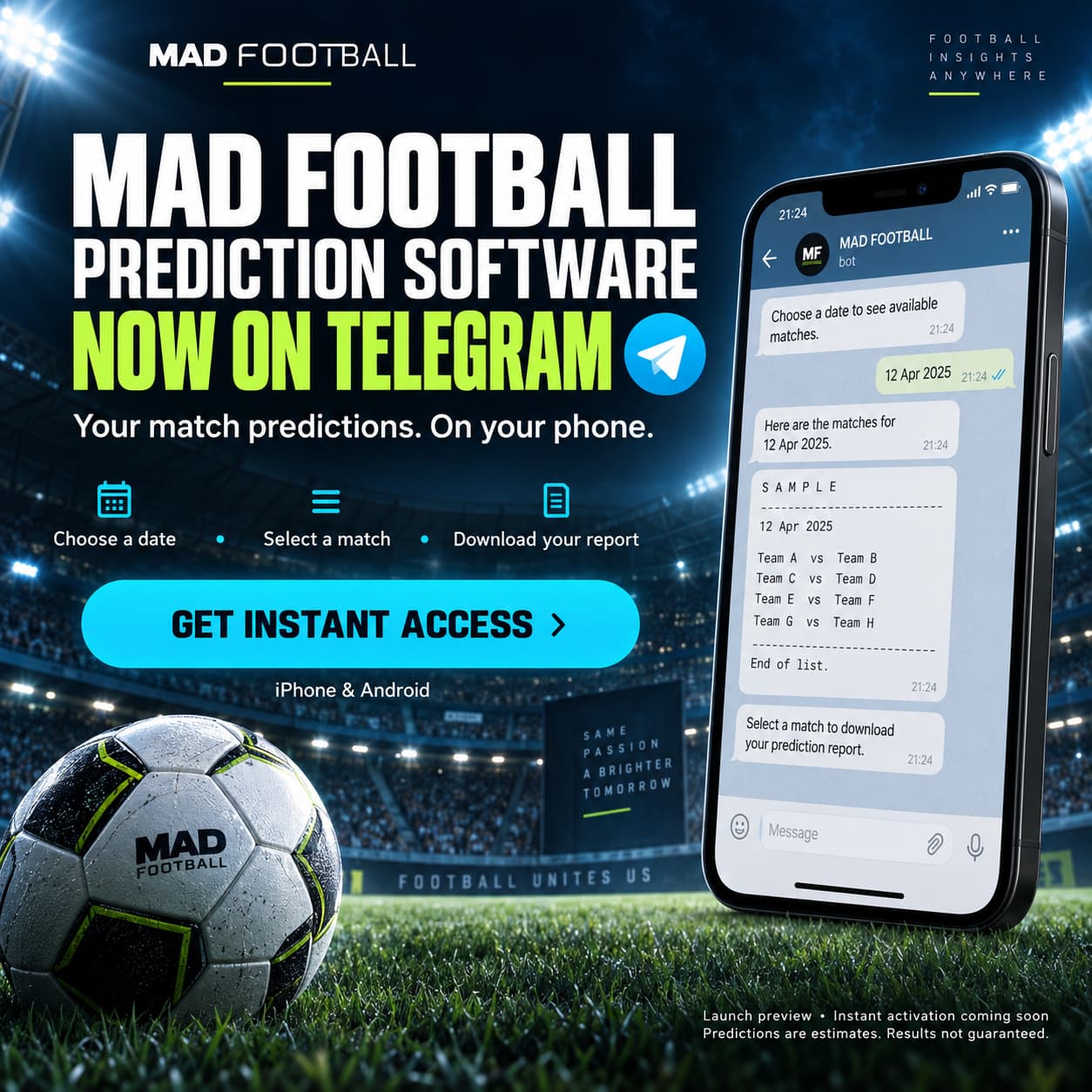 MAD Football Telegram launch artwork with a phone displaying the match report interface