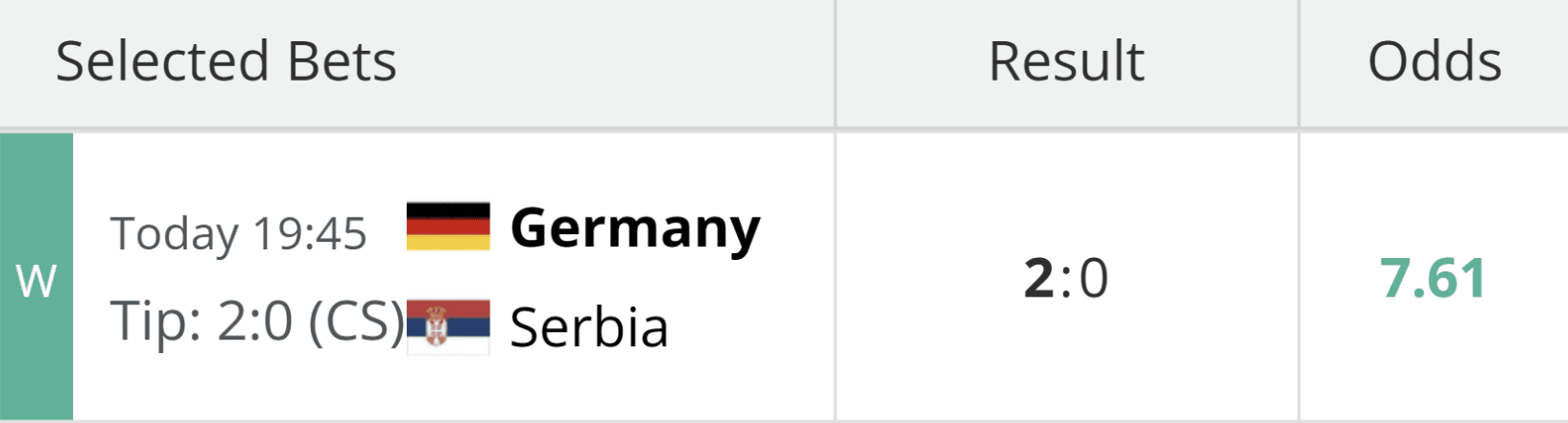 Supplied Germany versus Serbia screenshot showing a 2–0 selection and displayed 2–0 result