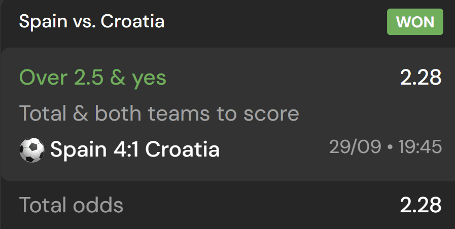 Supplied Spain versus Croatia receipt showing Over 2.5 and both teams to score marked WON with a 4–1 result